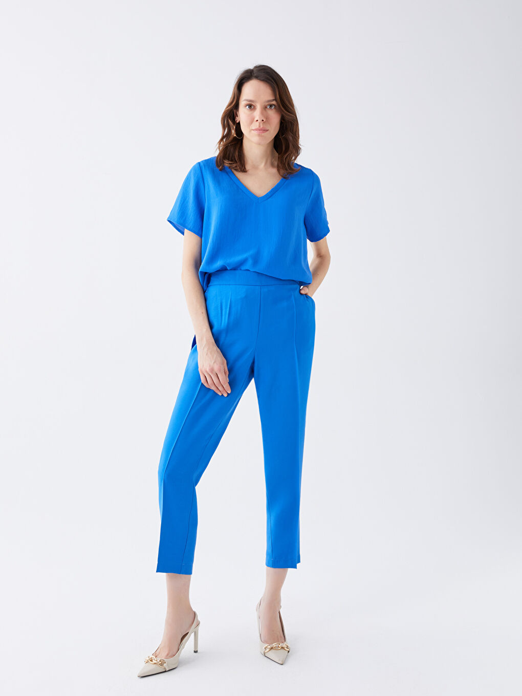 Mavi Beli Lastikli Rahat Kalıp Kadın Pantolon