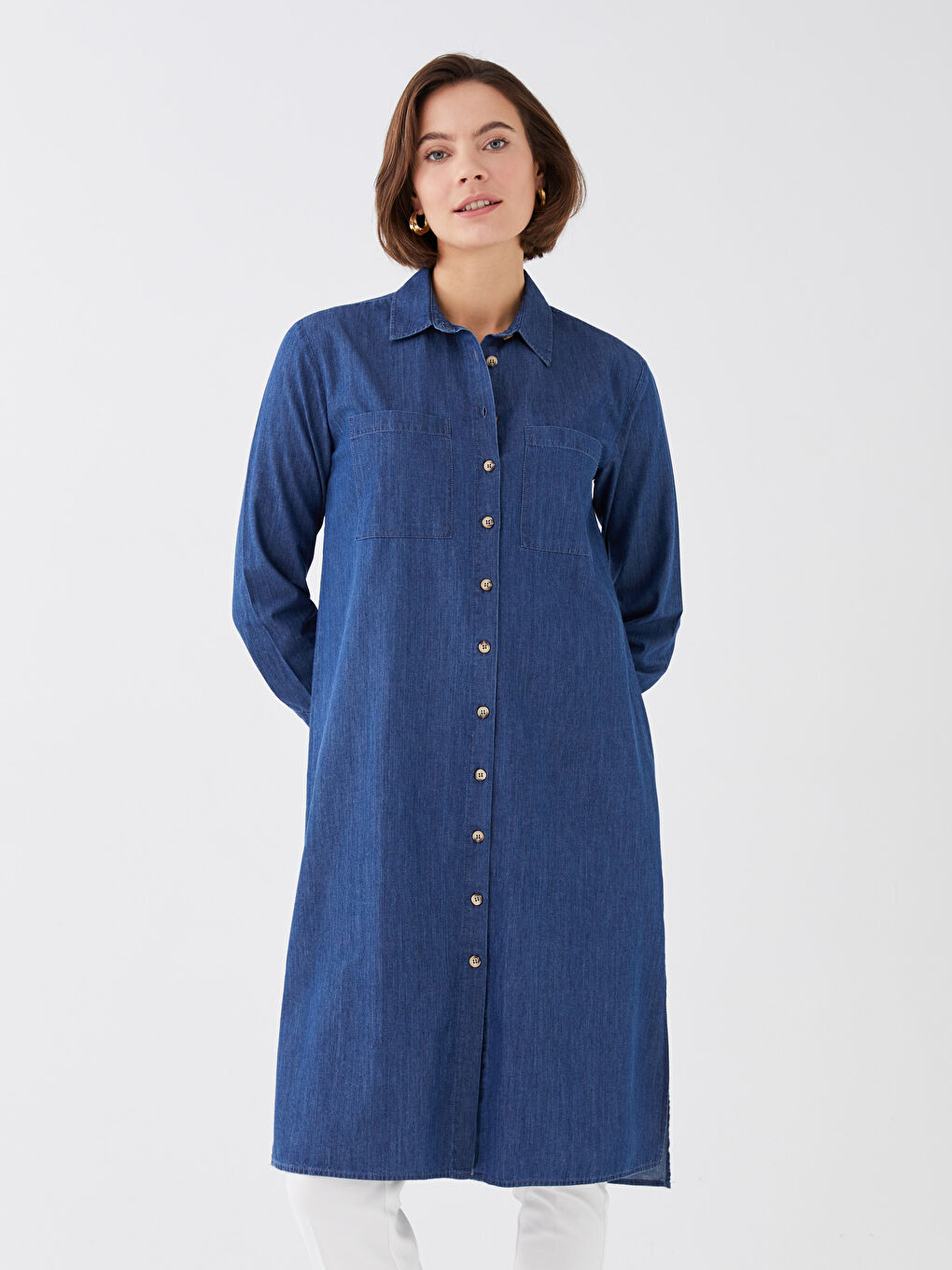 Collared Neck Plain Long Sleeve Women's Denim Tunic