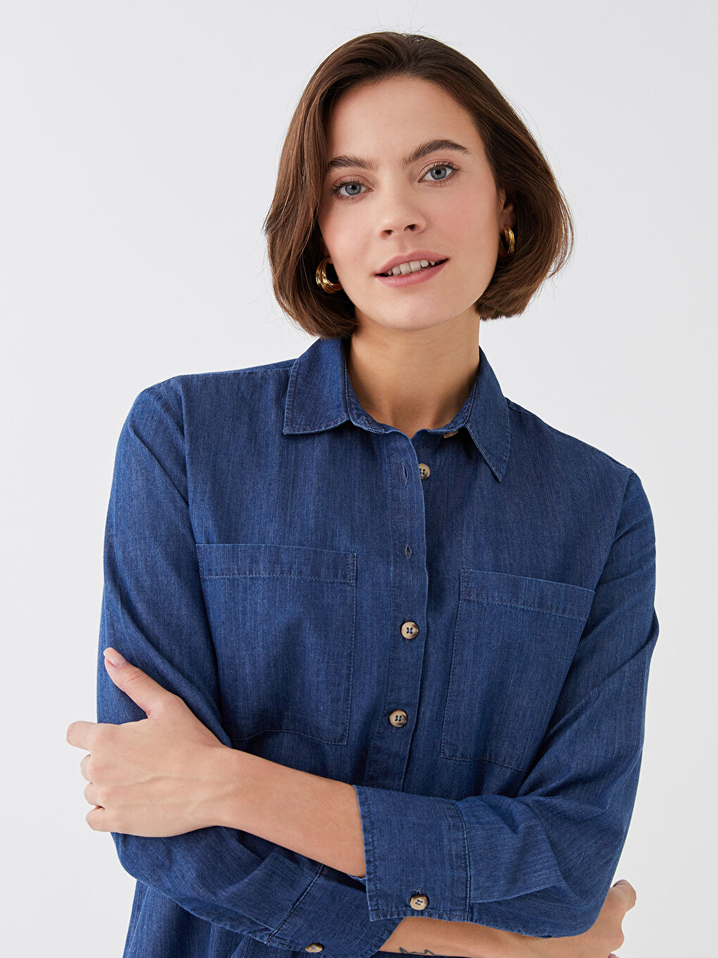 Collared Neck Plain Long Sleeve Women's Denim Tunic-2