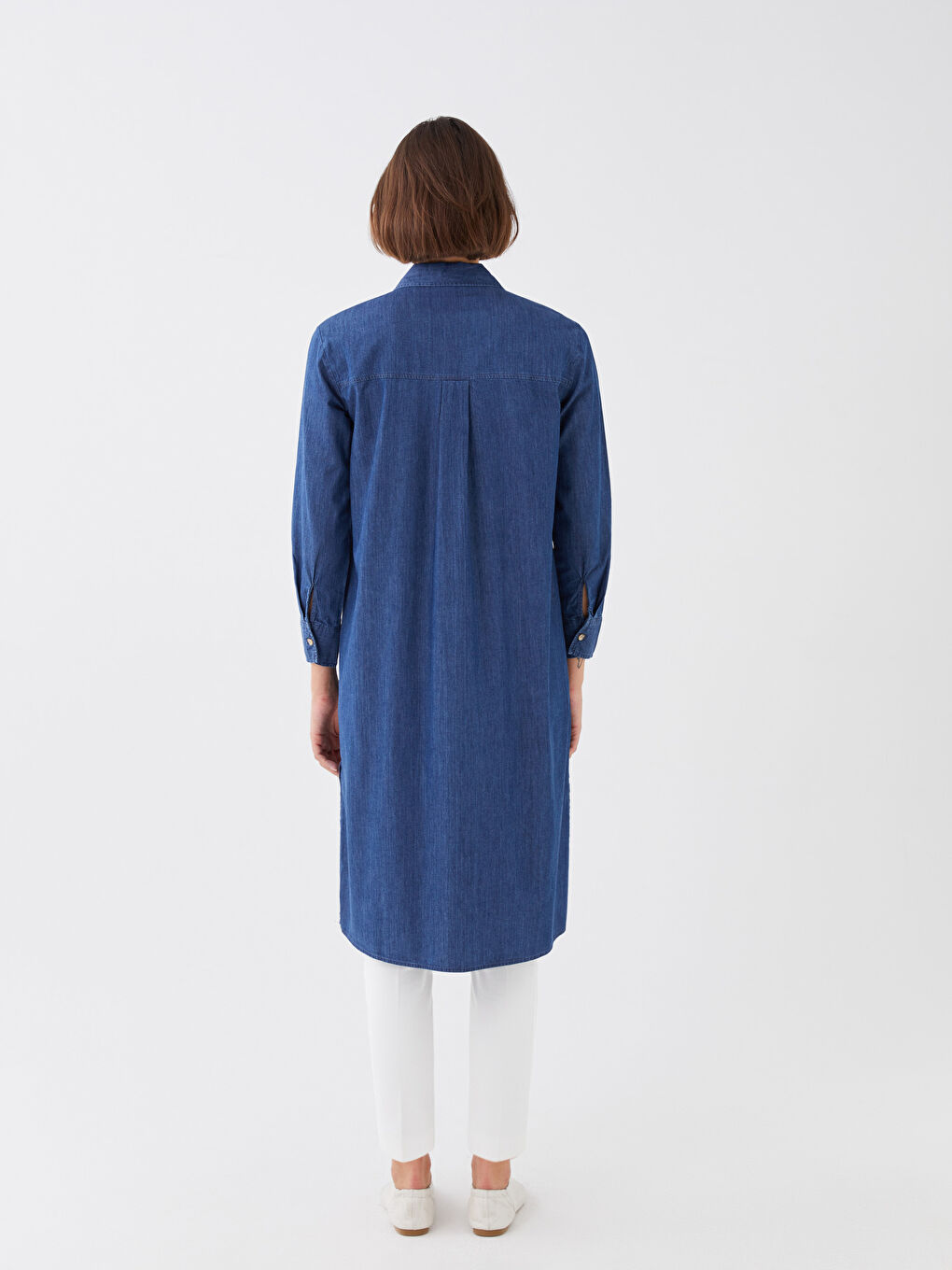 Collared Neck Plain Long Sleeve Women's Denim Tunic-4