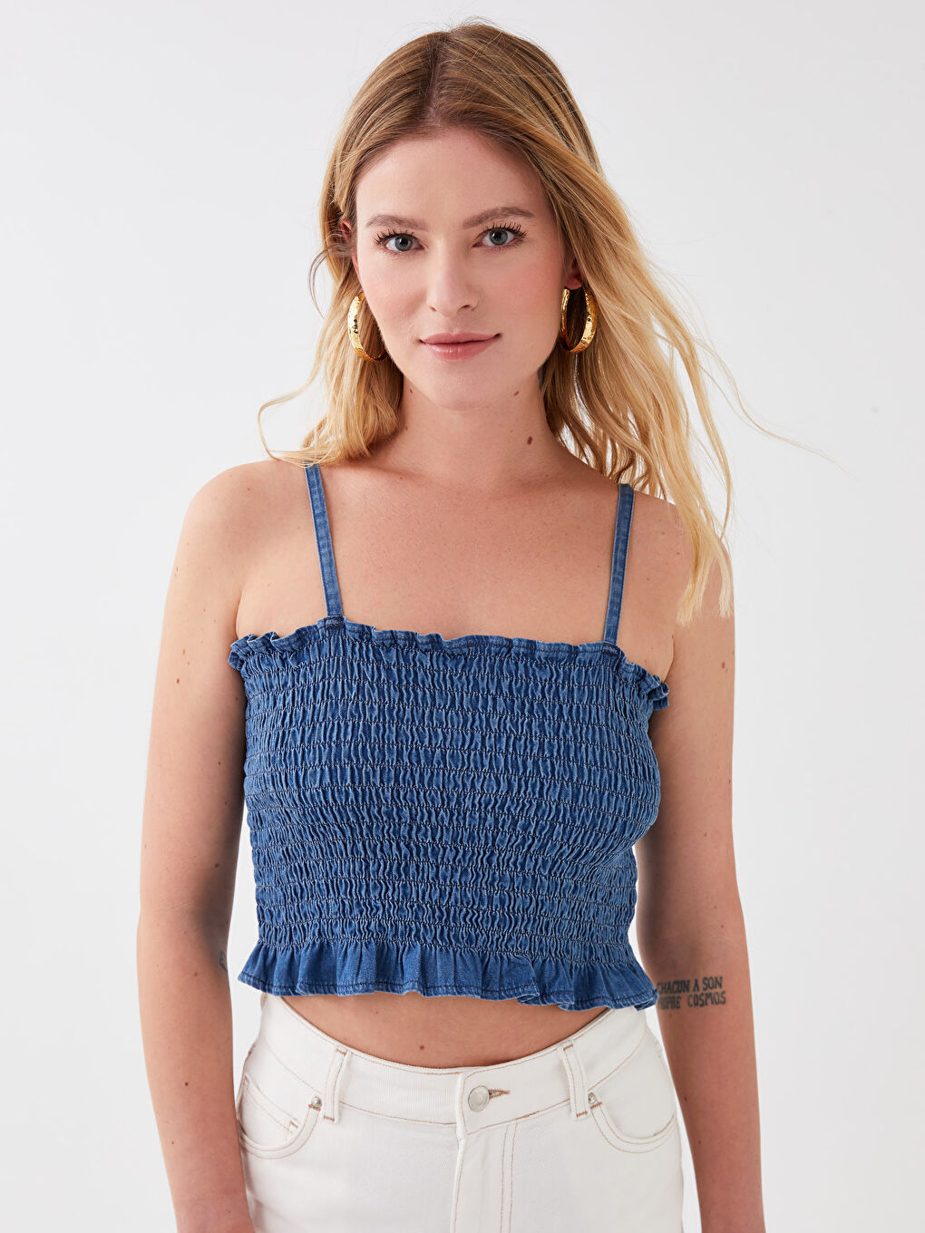 İndigo U Yaka İp Askılı Kadın Jean Bluz-1