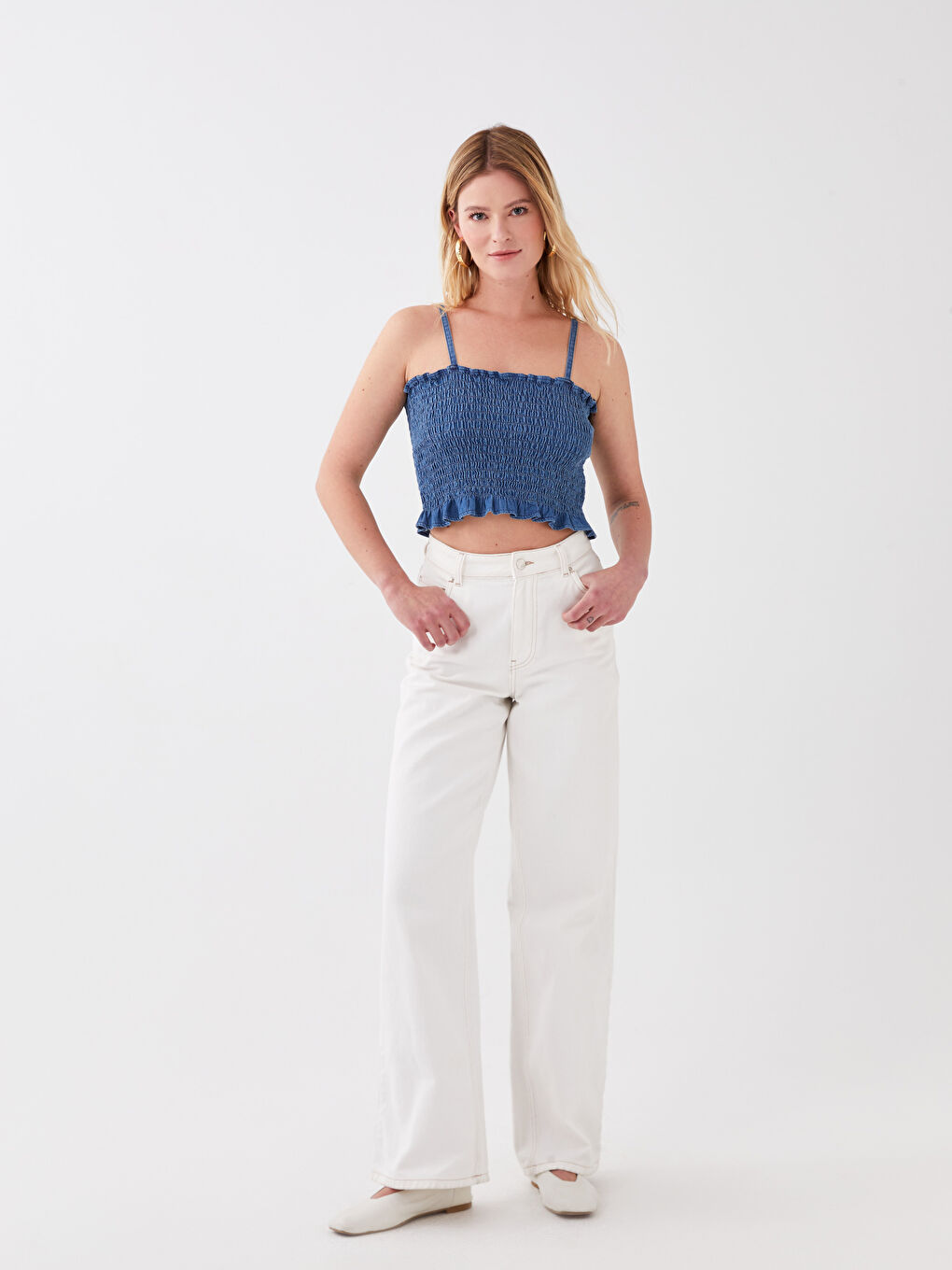 İndigo U Yaka İp Askılı Kadın Jean Bluz-2