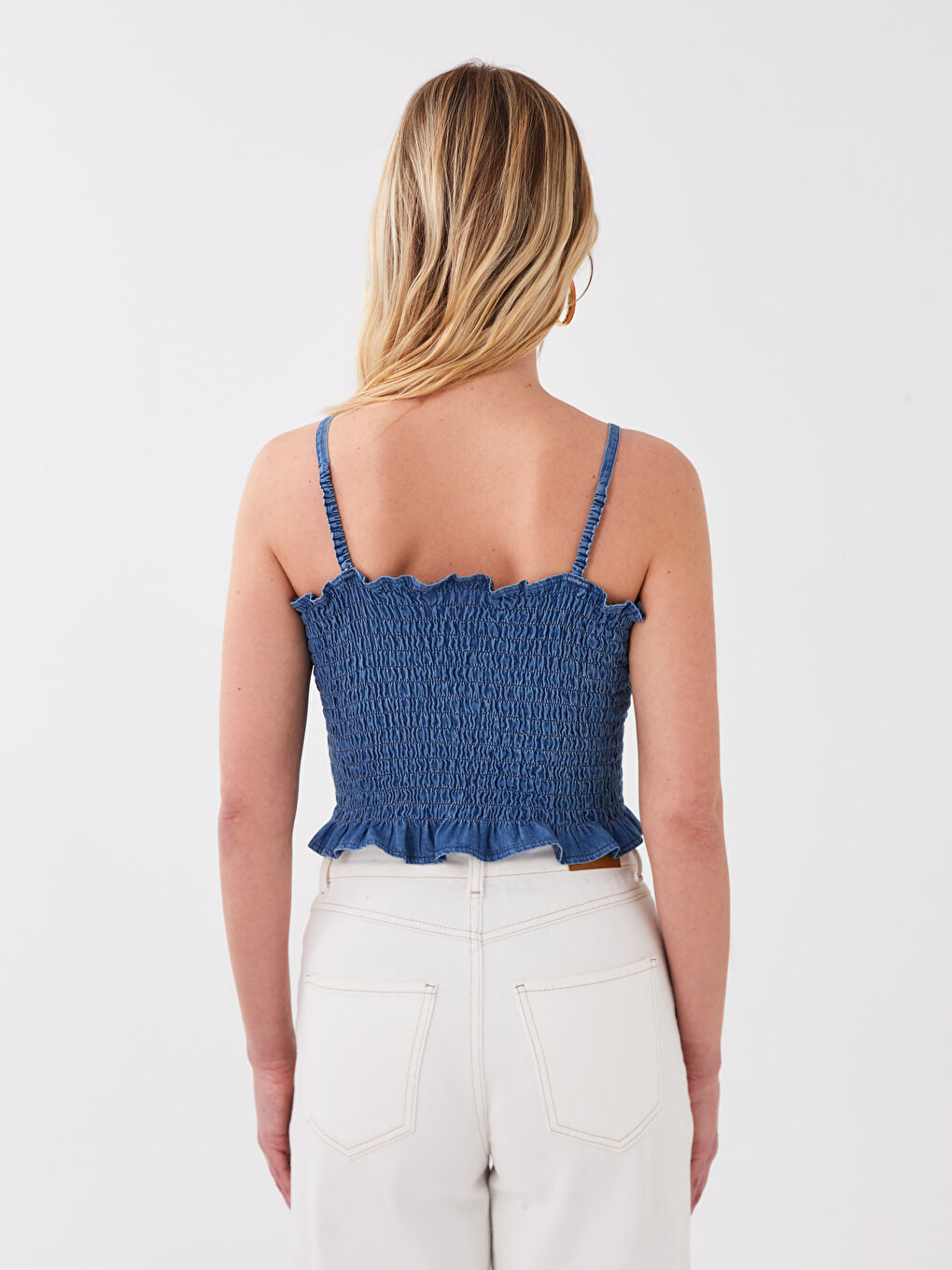 İndigo U Yaka İp Askılı Kadın Jean Bluz-4