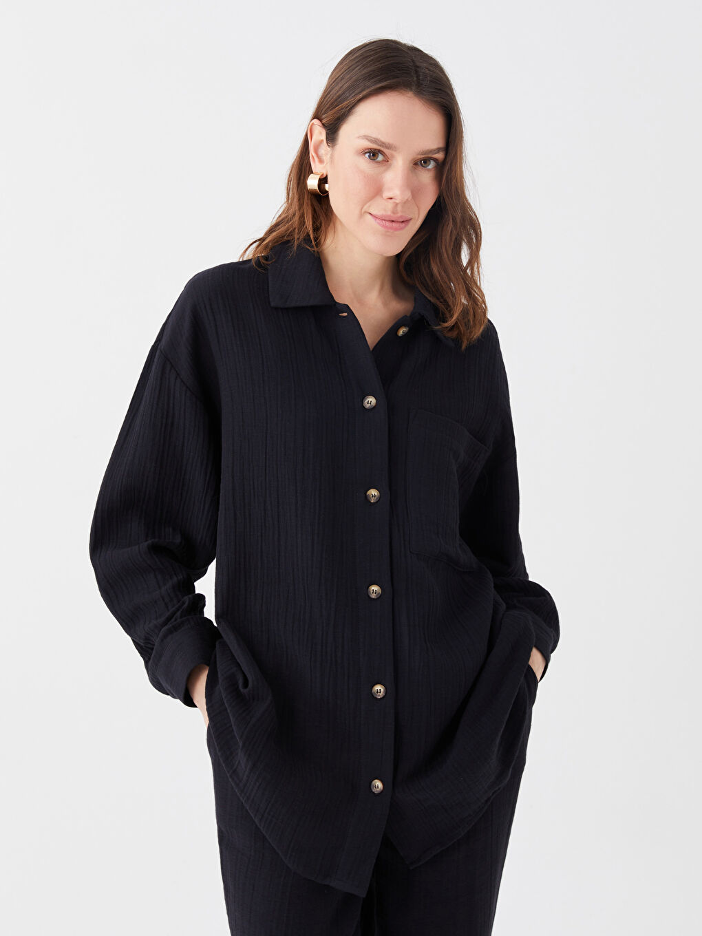 Изчистена риза-туника с дълъг ръкав овърсайз муселин за жени-2