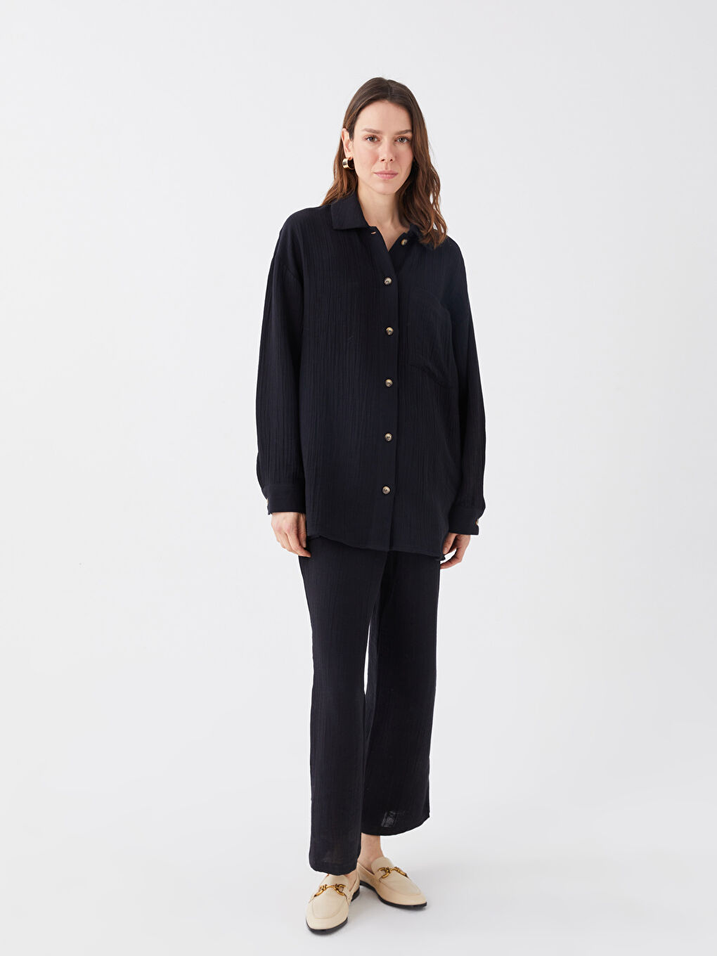 Изчистена риза-туника с дълъг ръкав овърсайз муселин за жени-6