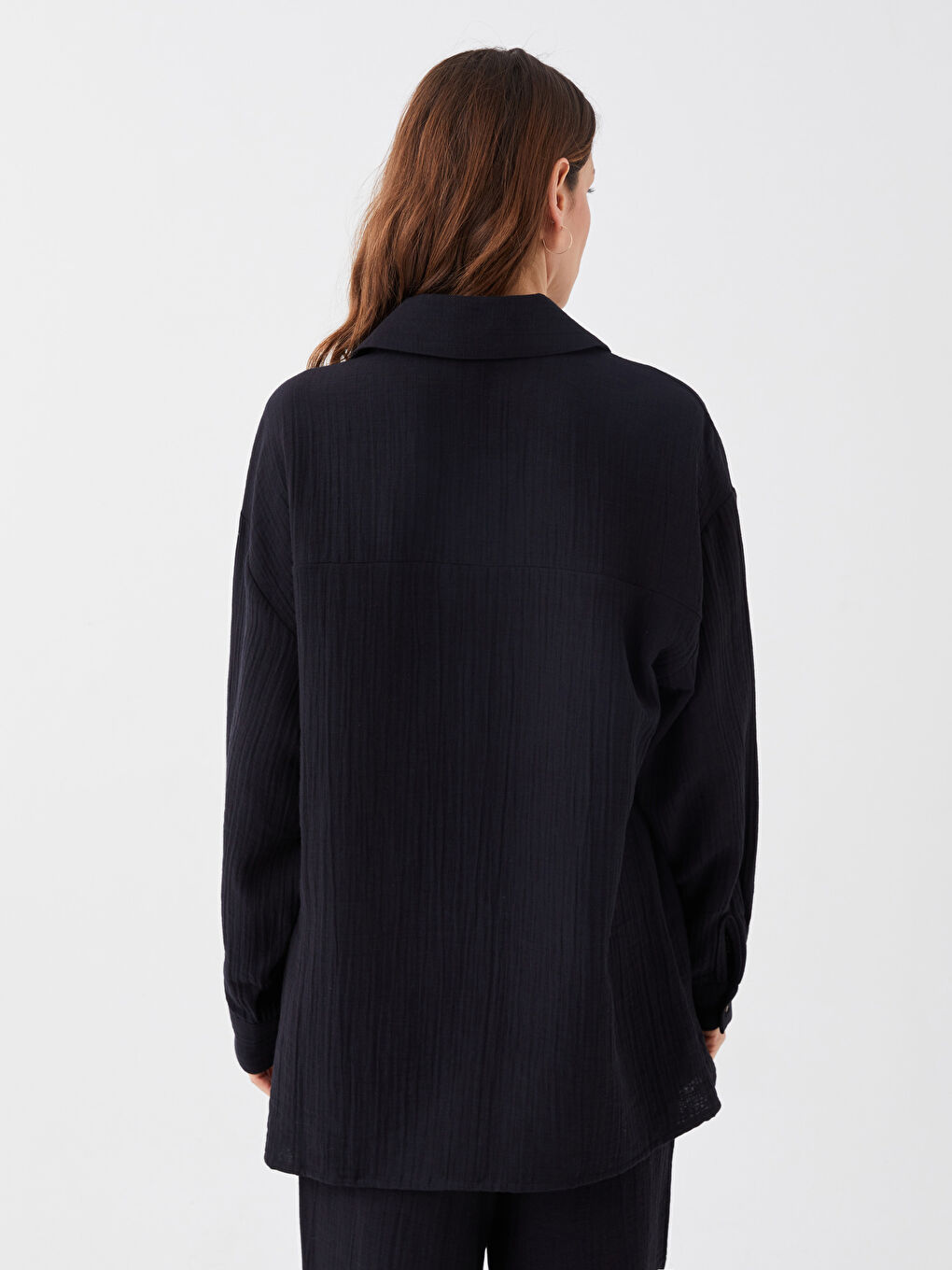 Изчистена риза-туника с дълъг ръкав овърсайз муселин за жени-10