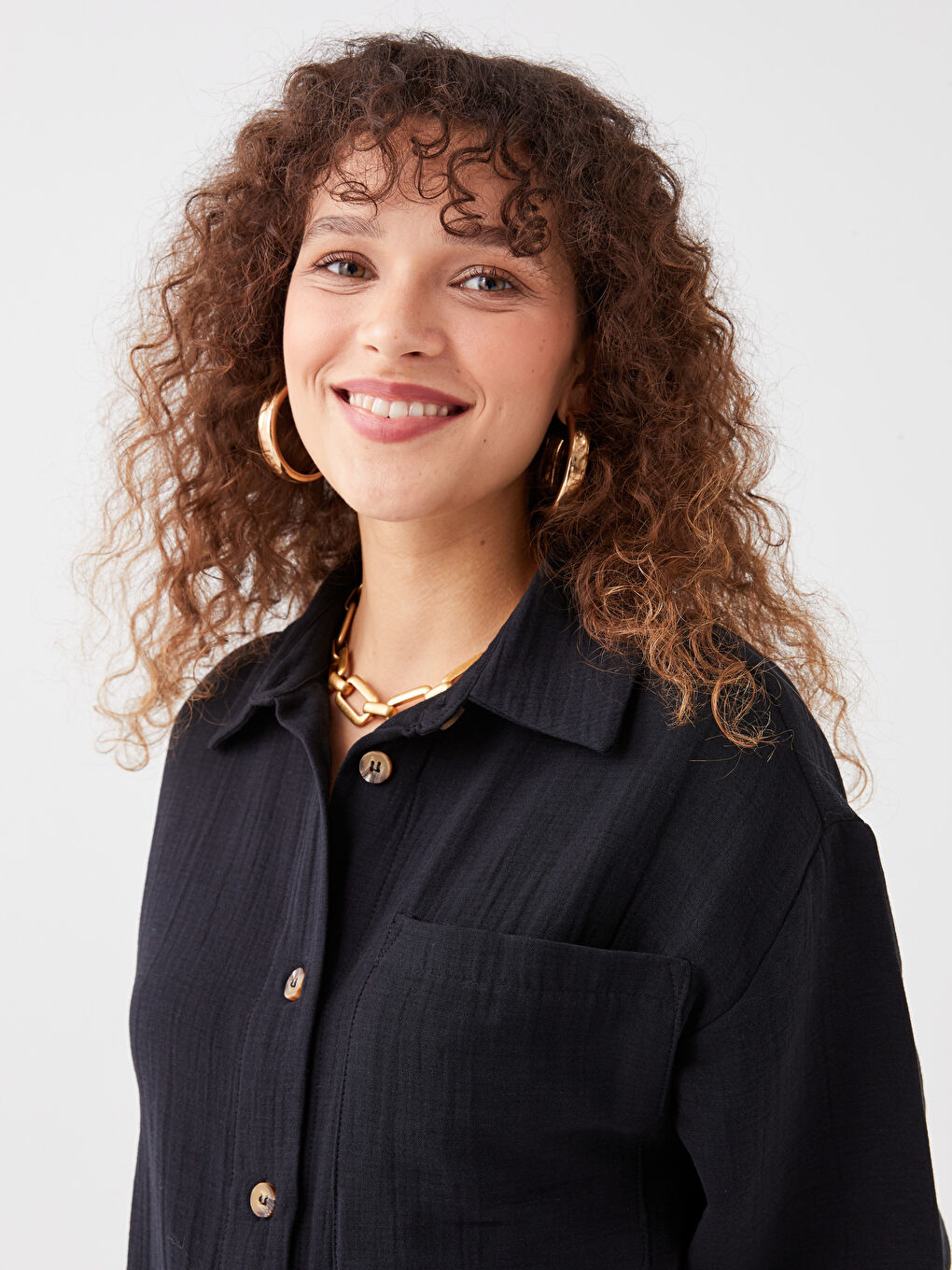 Изчистена риза-туника с дълъг ръкав овърсайз муселин за жени-5