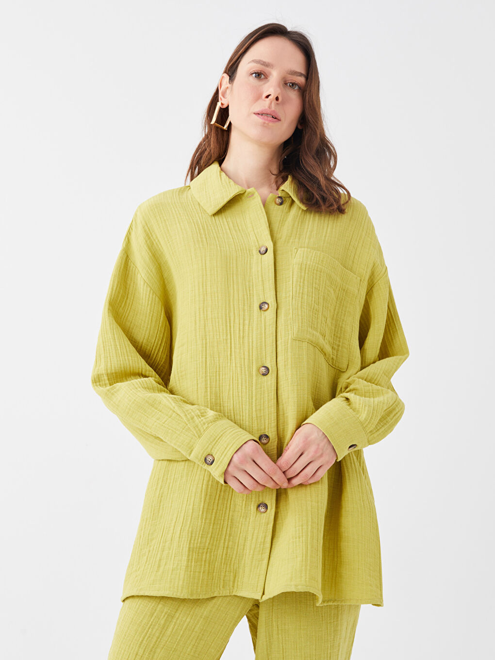 قميص تونيك سادة كم طويل أوفراسايز شاش للسيدات