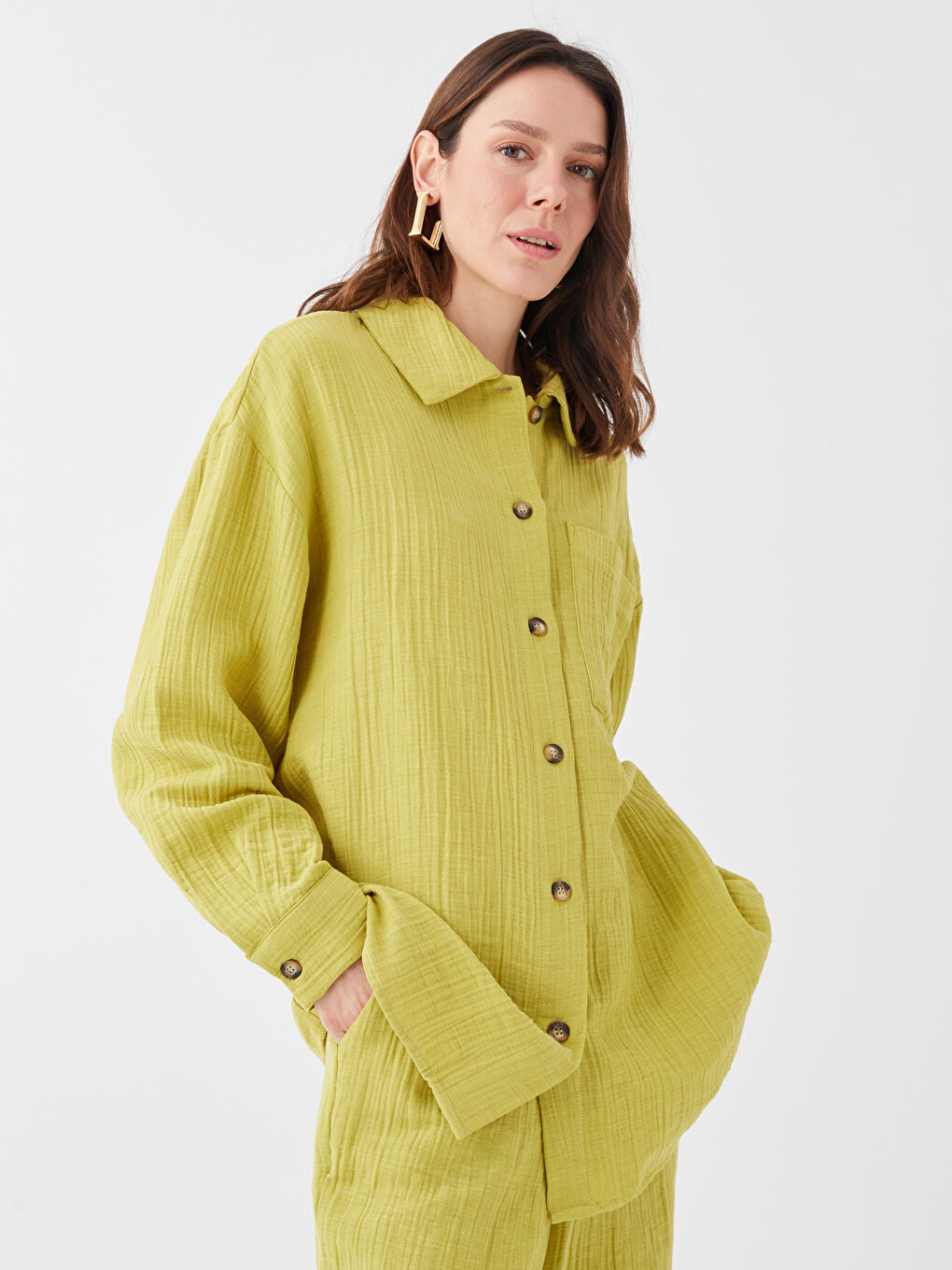 قميص تونيك سادة كم طويل أوفراسايز شاش للسيدات-2