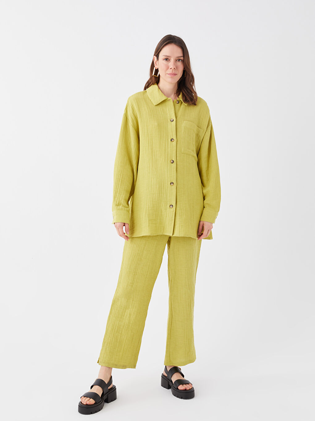 قميص تونيك سادة كم طويل أوفراسايز شاش للسيدات-4