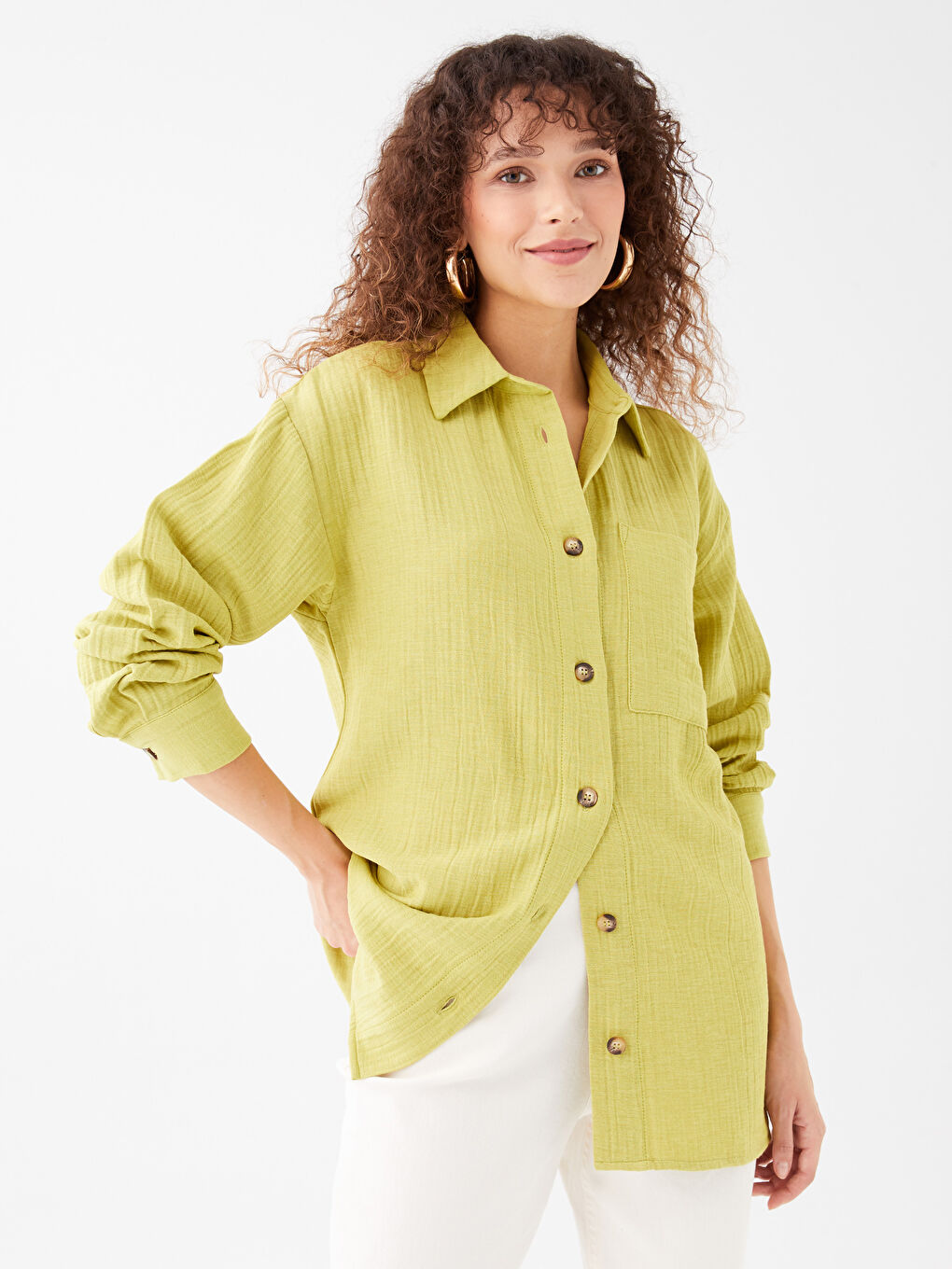 قميص تونيك سادة كم طويل أوفراسايز شاش للسيدات-1