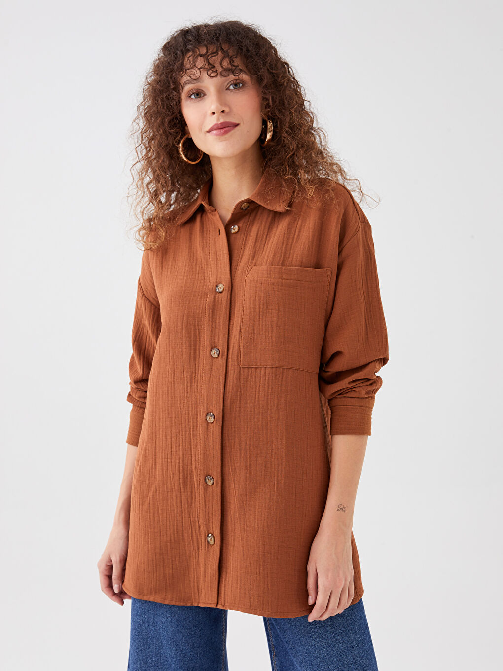 LCWAIKIKI Classic Düz Uzun Kollu Oversize Müslin Kadın Gömlek Tunik -S39835Z8-SWU