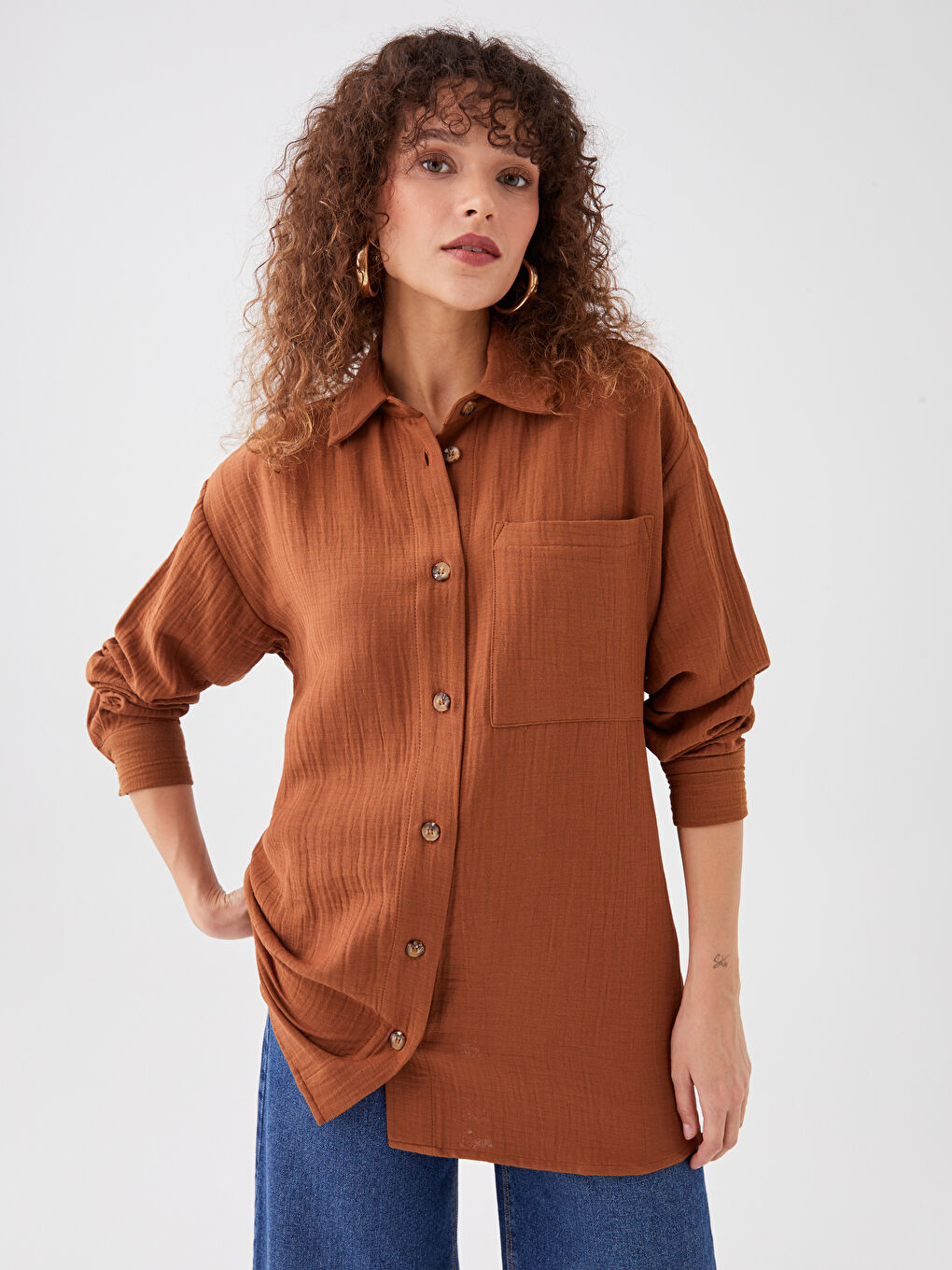 LCWAIKIKI Classic Düz Uzun Kollu Oversize Müslin Kadın Gömlek Tunik -S39835Z8-SWU
