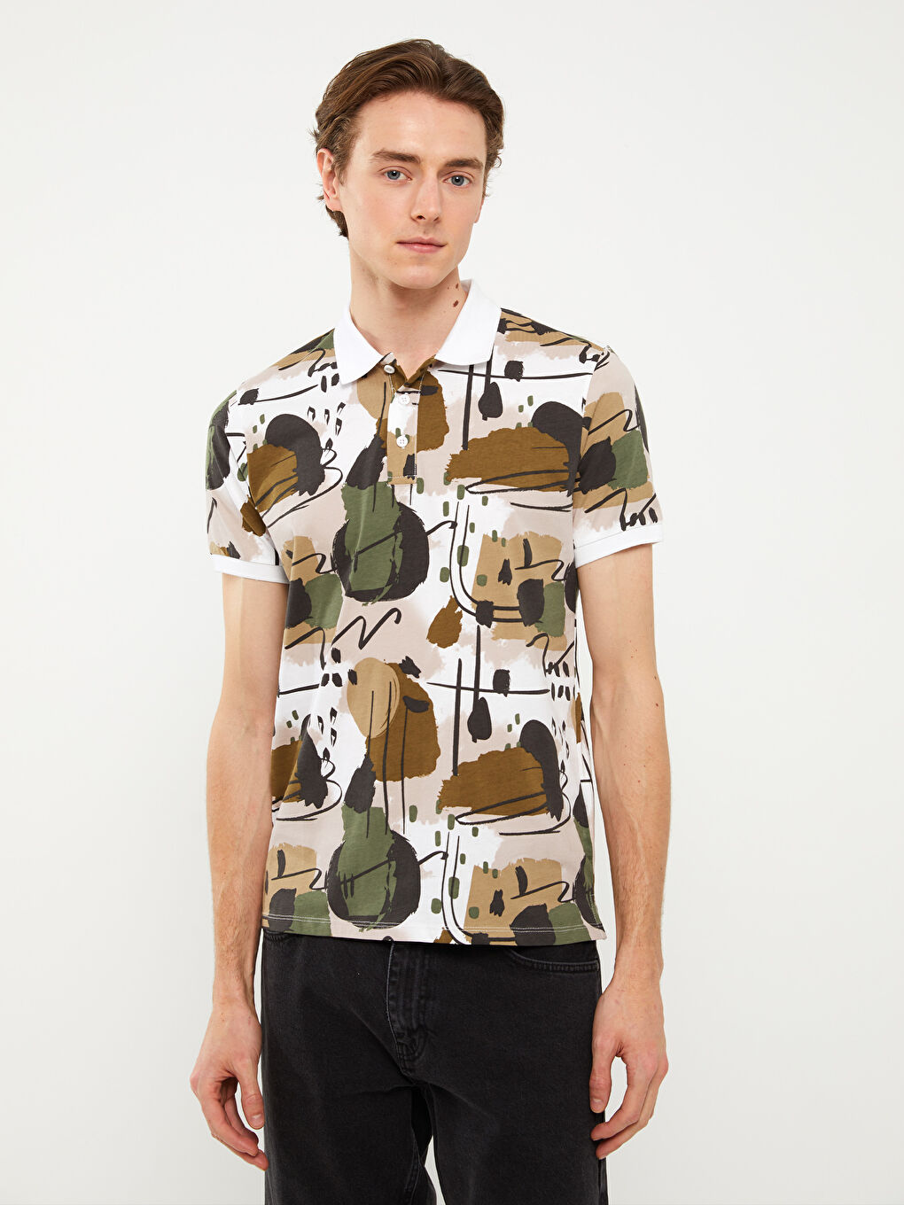 Beyaz Polo Yaka Kısa Kollu Desenli Penye Erkek Tişört