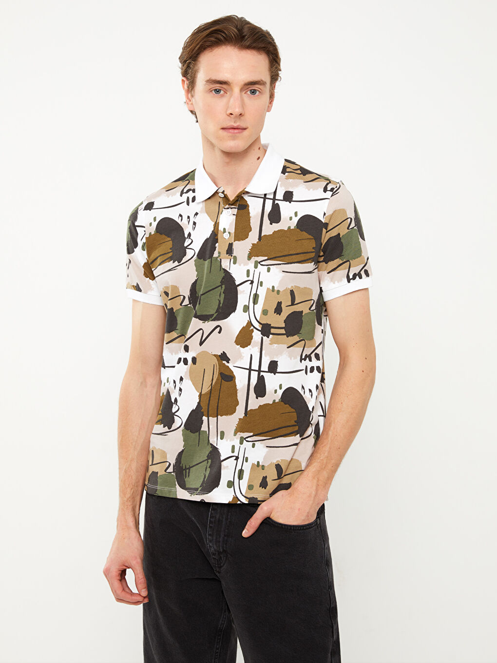 Beyaz Polo Yaka Kısa Kollu Desenli Penye Erkek Tişört-1