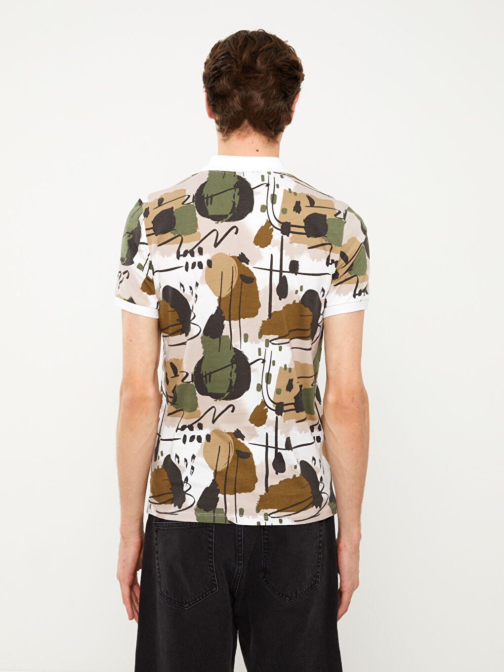 Beyaz Polo Yaka Kısa Kollu Desenli Penye Erkek Tişört-4