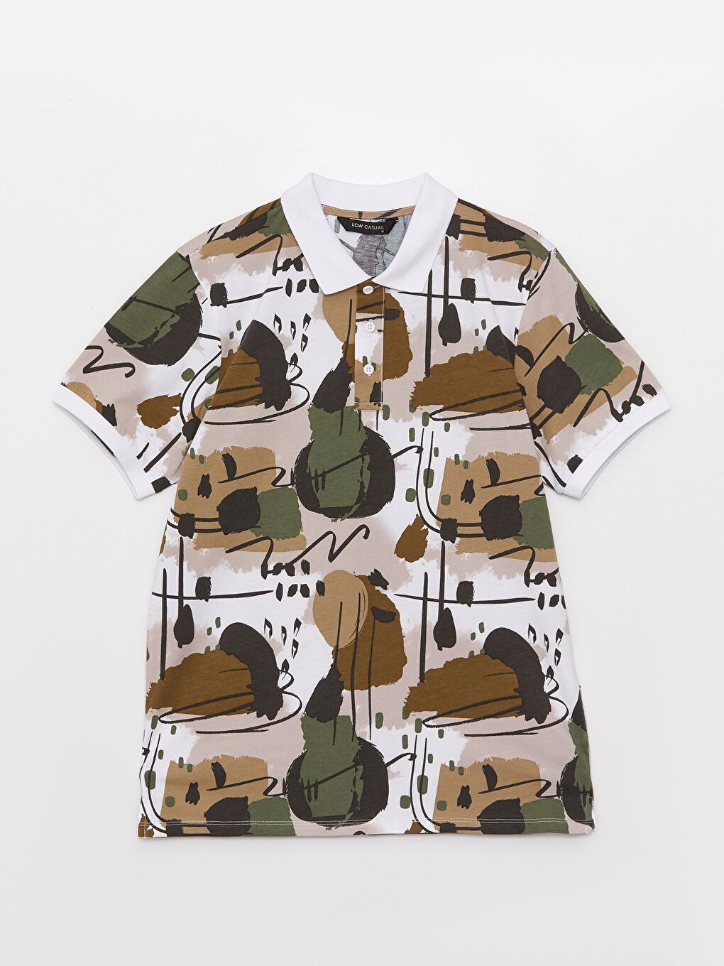 Beyaz Polo Yaka Kısa Kollu Desenli Penye Erkek Tişört-5