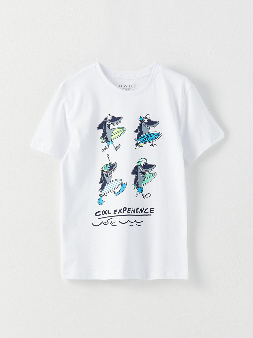 Beyaz Bisiklet Yaka Baskılı Kısa Kollu Pamuklu Erkek Çocuk Tişört