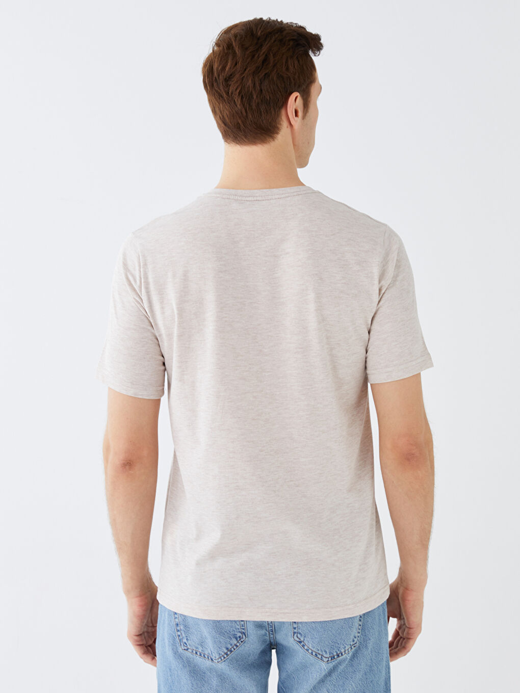 Bej V Yaka Kısa Kollu Penye Erkek Tişört-4