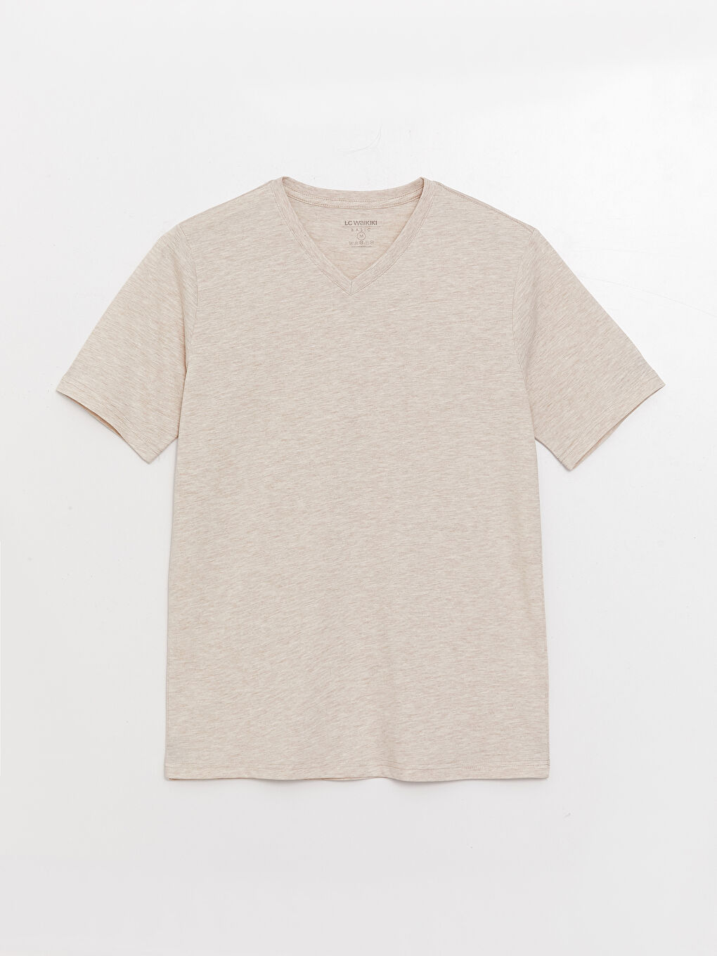 Bej V Yaka Kısa Kollu Penye Erkek Tişört-5