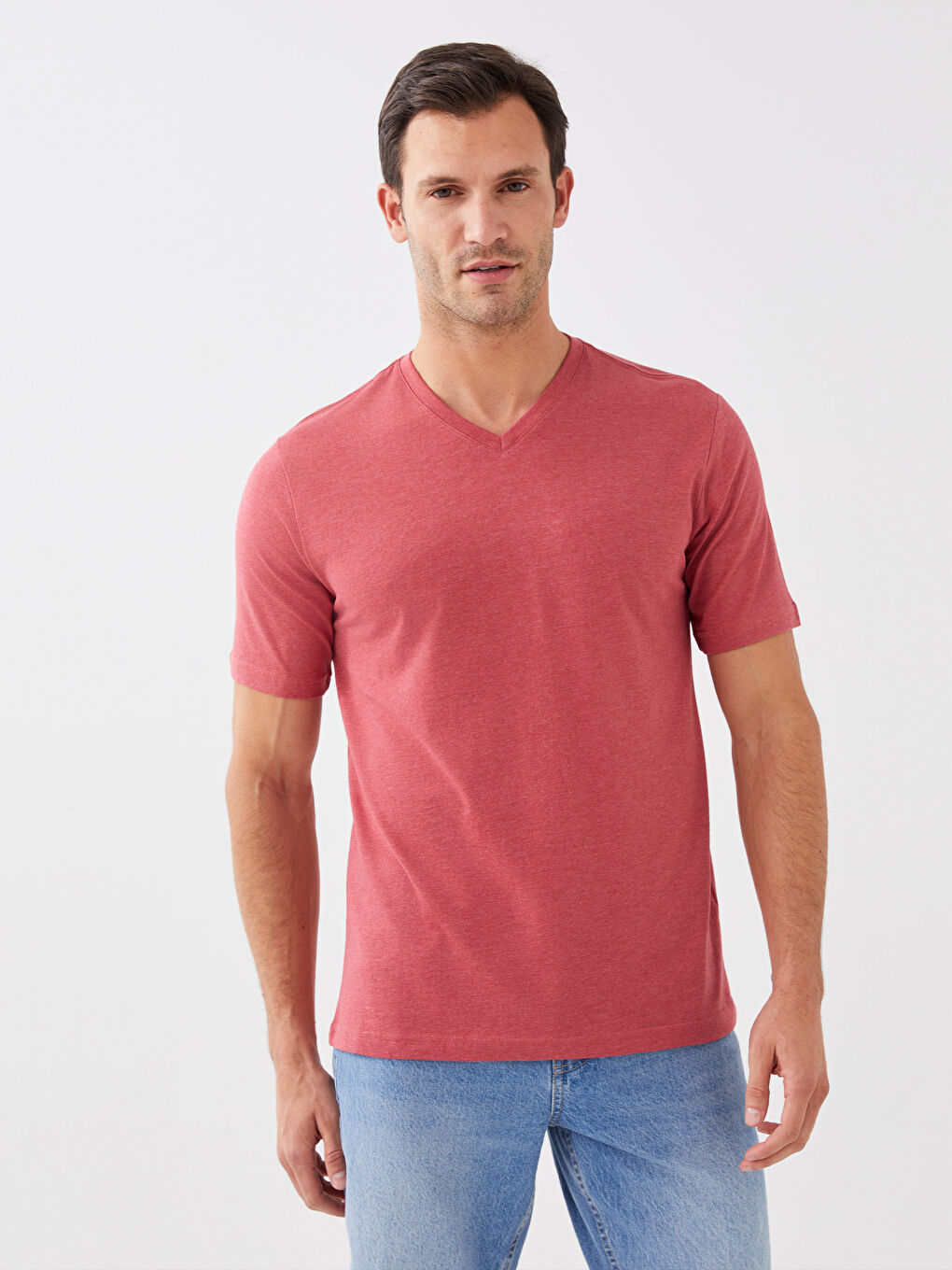 Kırmızı V Yaka Kısa Kollu Penye Erkek Tişört