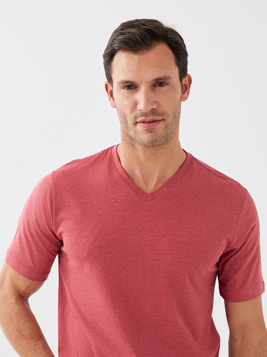 Kırmızı V Yaka Kısa Kollu Penye Erkek Tişört-2