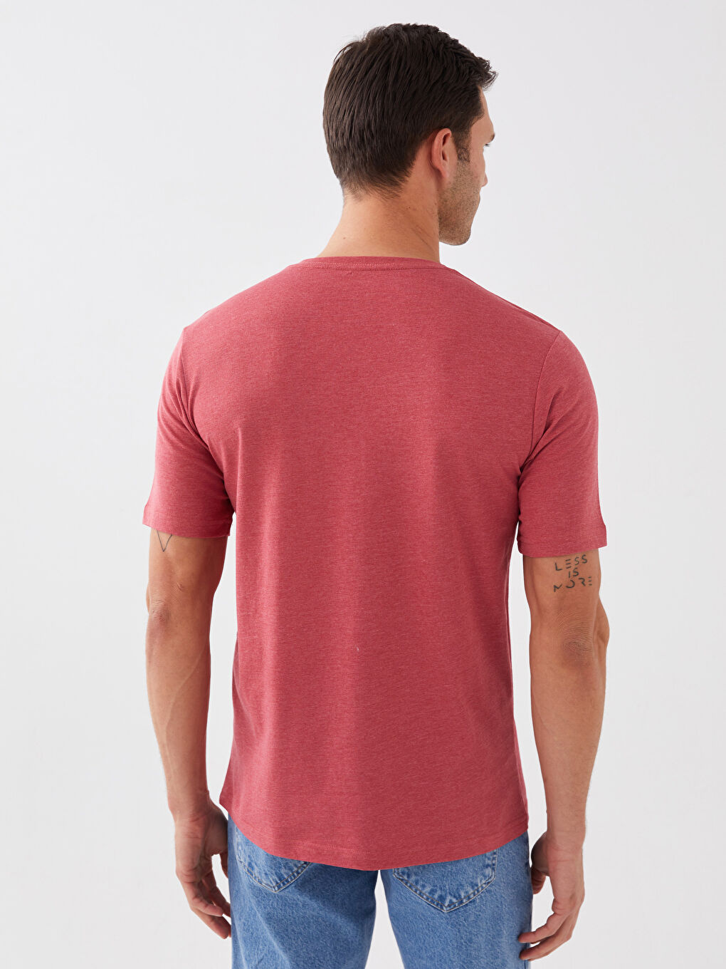 Kırmızı V Yaka Kısa Kollu Penye Erkek Tişört-4