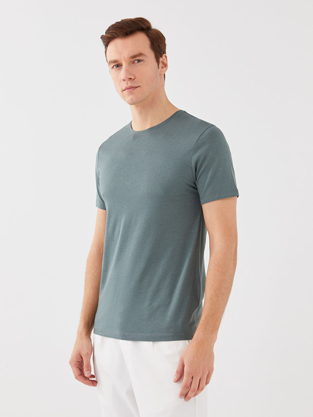 Yeşil Bisiklet Yaka Kısa Kollu Modal Karışımlı Erkek Tişört