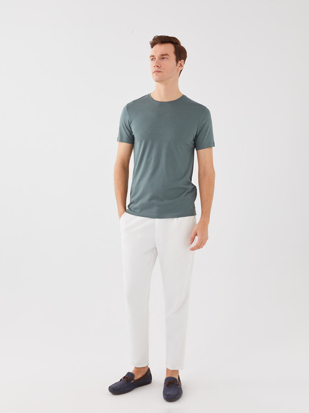 Yeşil Bisiklet Yaka Kısa Kollu Modal Karışımlı Erkek Tişört-2