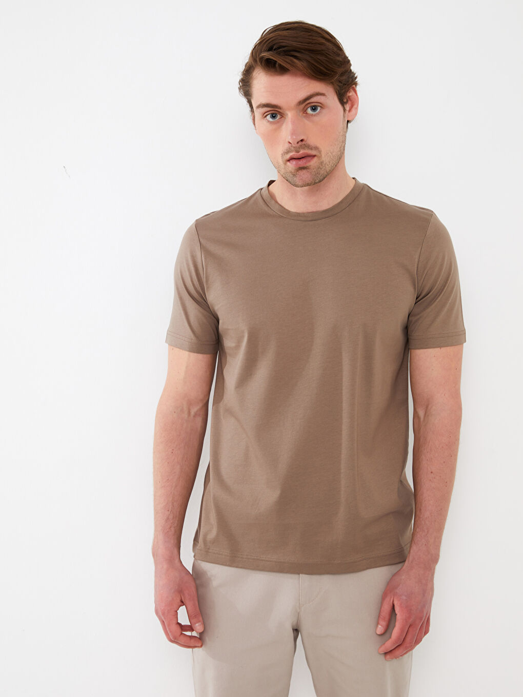 Kahverengi Bisiklet Yaka Kısa Kollu Merserize Erkek Tişört-1