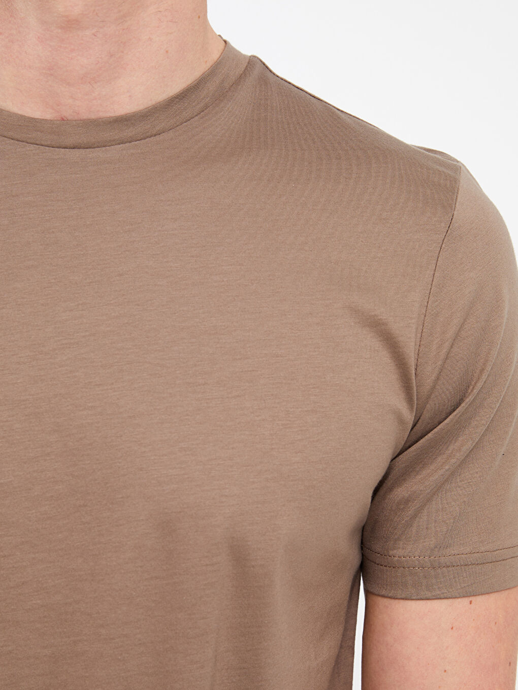 Kahverengi Bisiklet Yaka Kısa Kollu Merserize Erkek Tişört-3