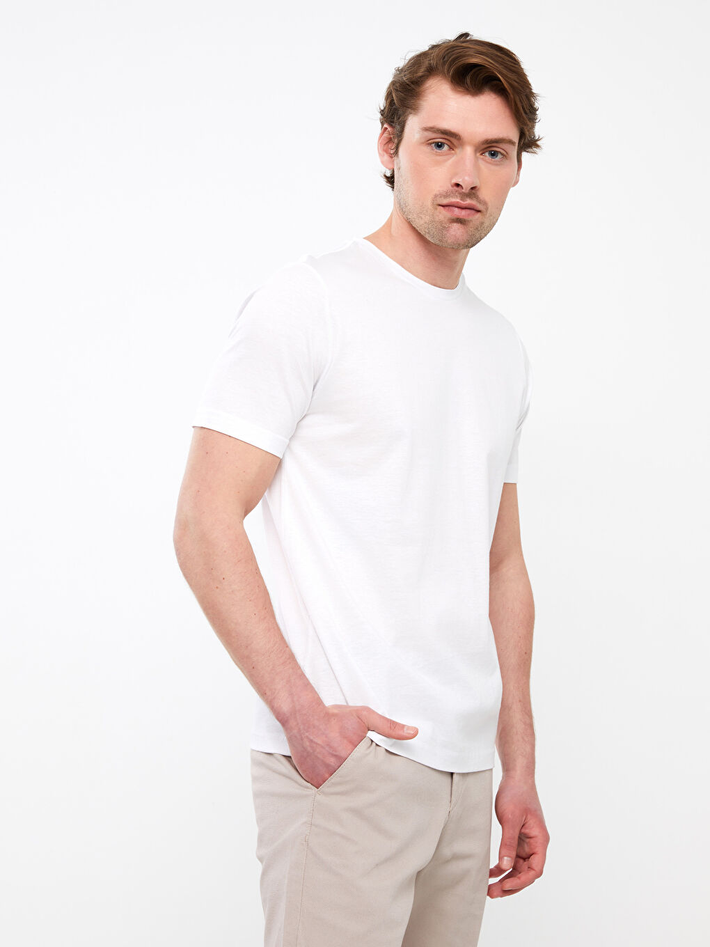 Beyaz Bisiklet Yaka Kısa Kollu Merserize Erkek Tişört