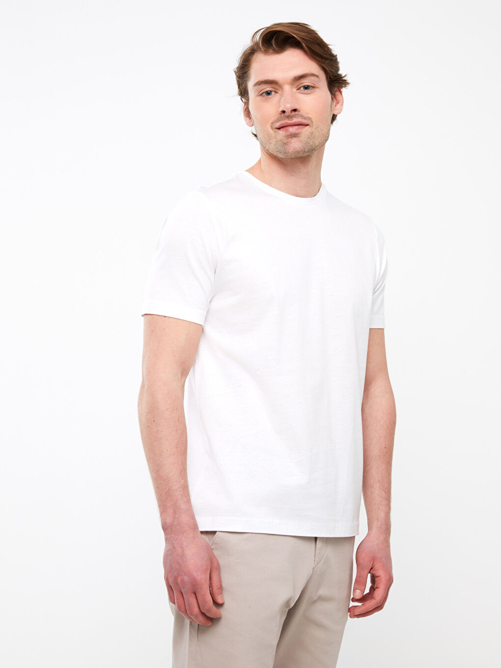 Beyaz Bisiklet Yaka Kısa Kollu Merserize Erkek Tişört-1