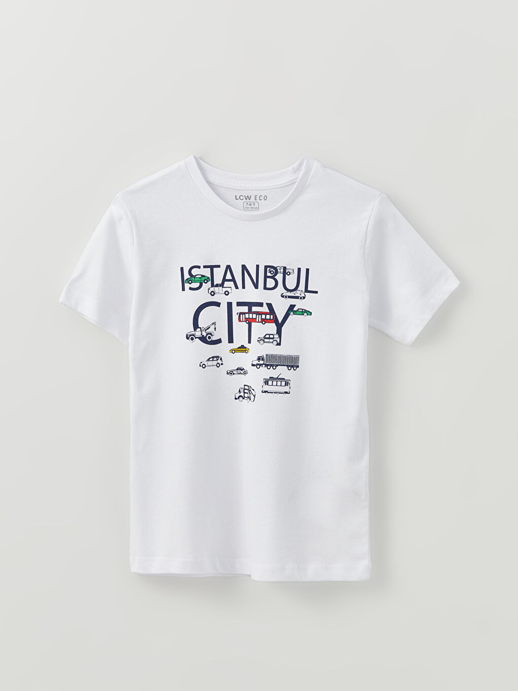 Beyaz Bisiklet Yaka Baskılı Kısa Kollu Erkek Çocuk Tişört