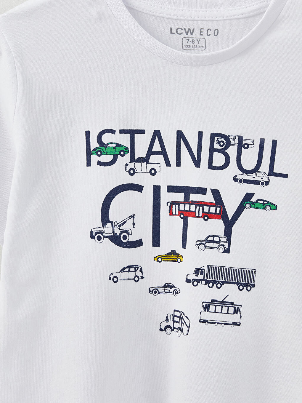 Beyaz Bisiklet Yaka Baskılı Kısa Kollu Erkek Çocuk Tişört-1