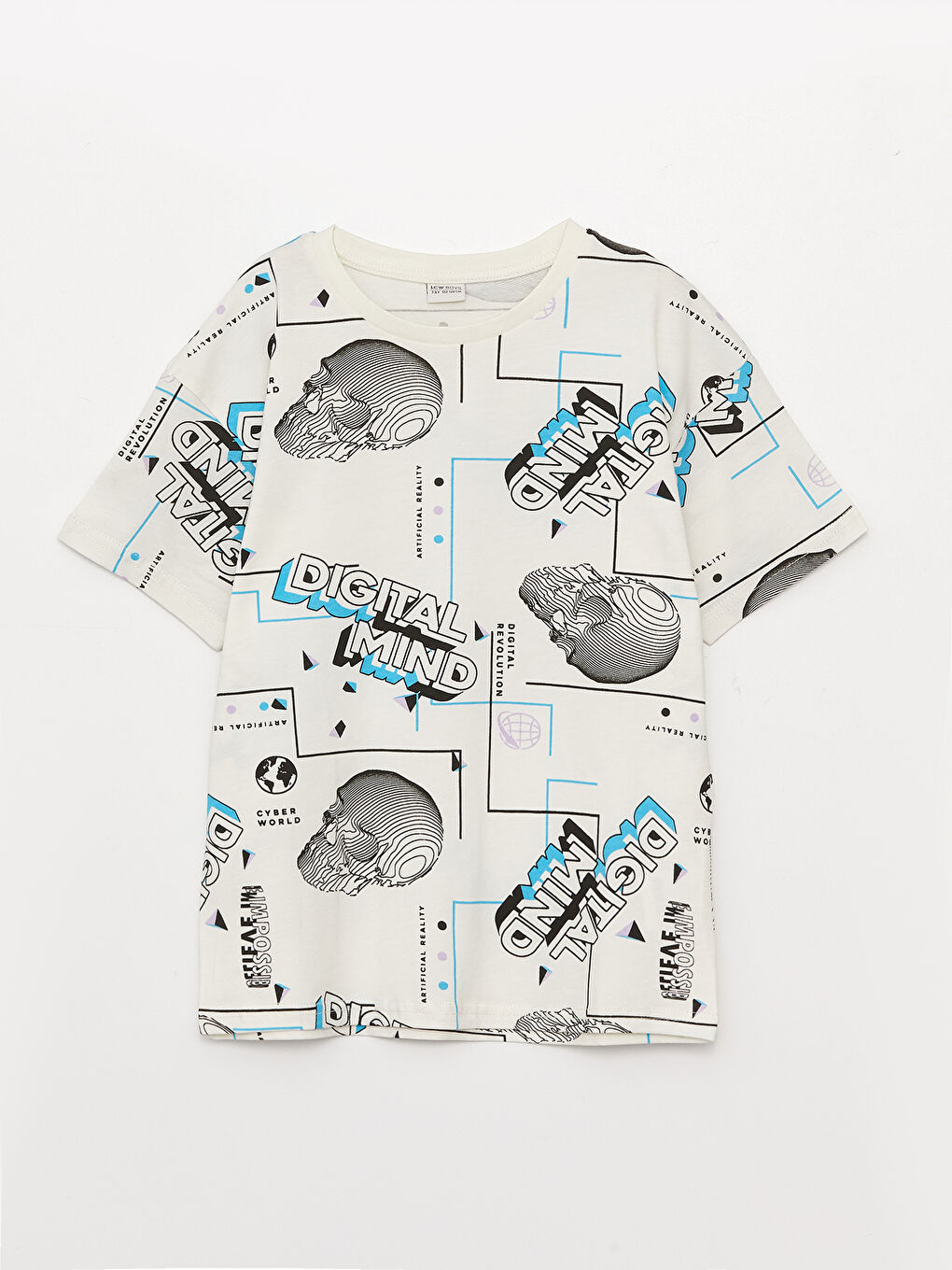Ekru Rahat Kalıp Bisiklet Yaka Desenli Erkek Çocuk Tişört