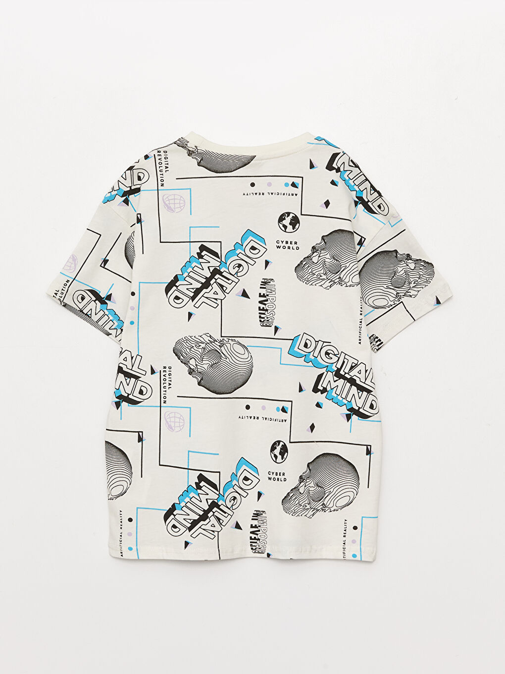 Ekru Rahat Kalıp Bisiklet Yaka Desenli Erkek Çocuk Tişört-1