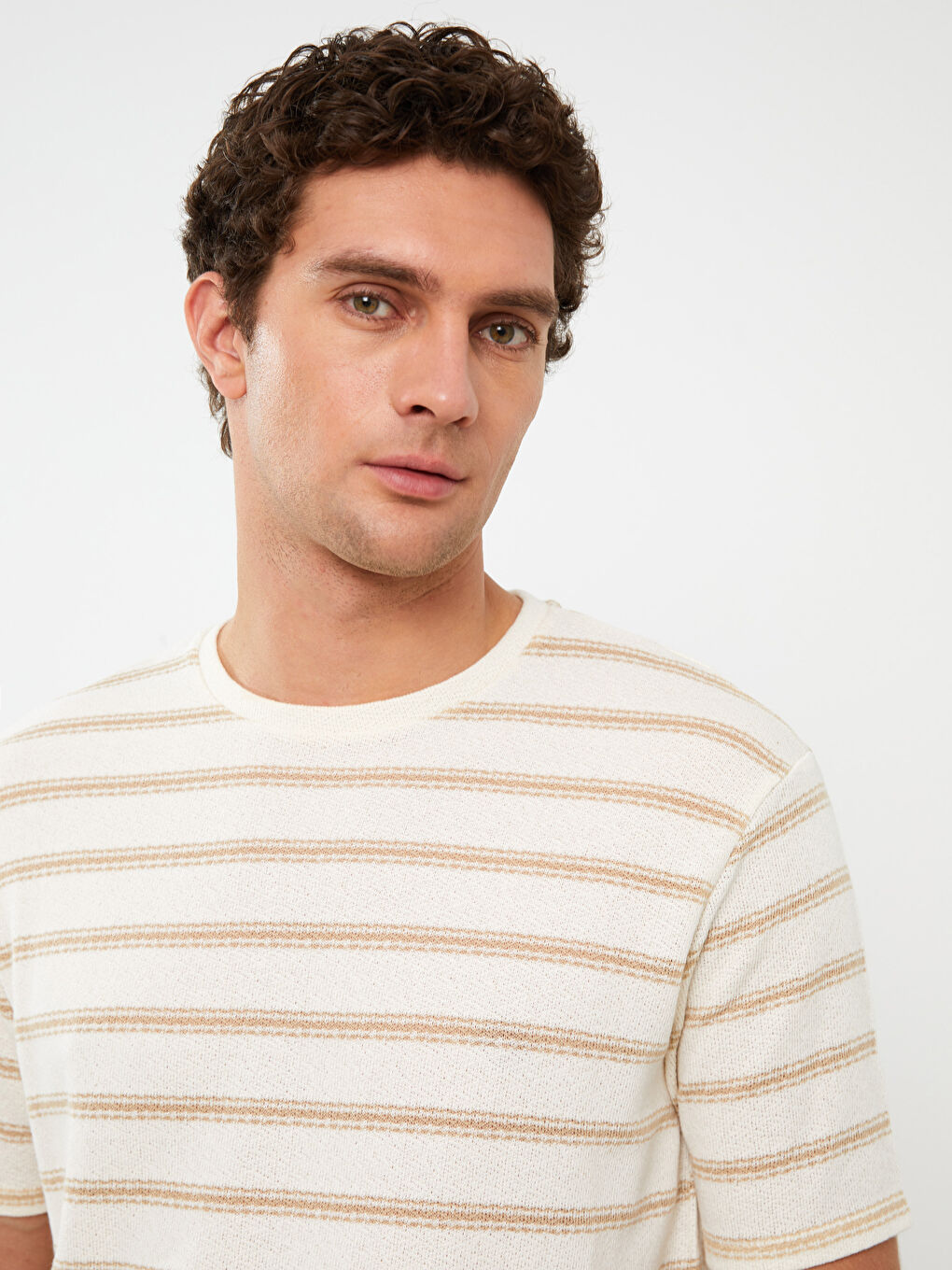 Crew Neck Short Sleeve Striped Linen Blended Men's T-Shirt