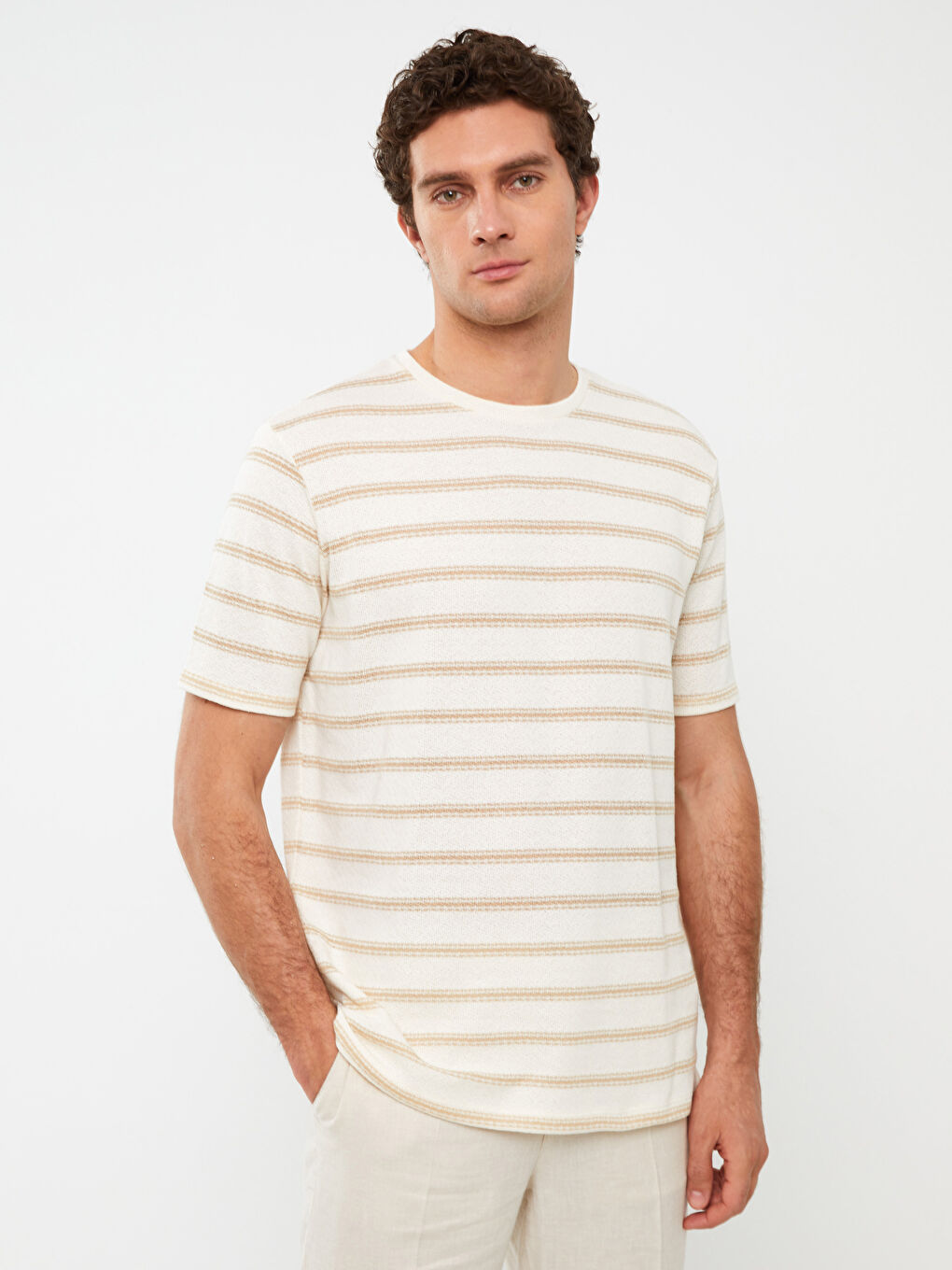 Crew Neck Short Sleeve Striped Linen Blended Men's T-Shirt-1