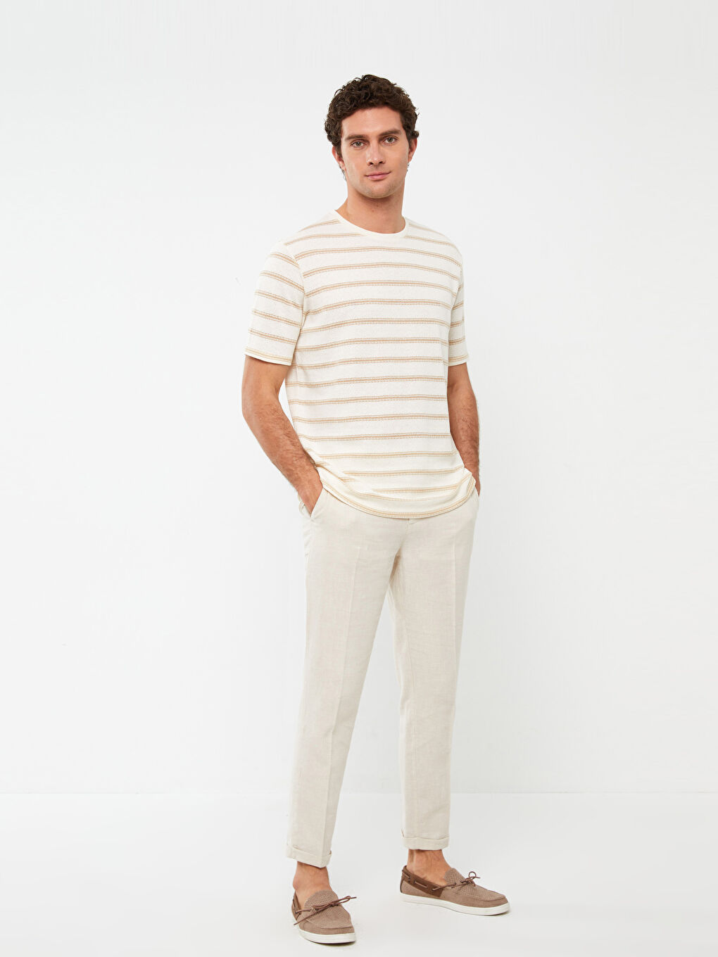 Crew Neck Short Sleeve Striped Linen Blended Men's T-Shirt-2