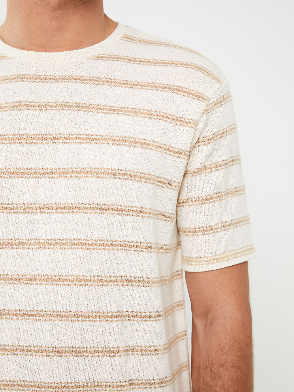 Crew Neck Short Sleeve Striped Linen Blended Men's T-Shirt-3