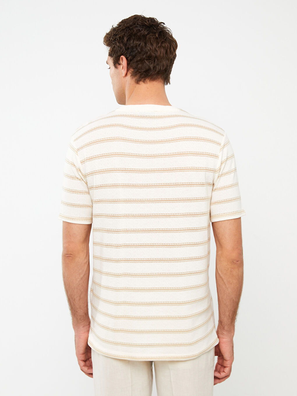 Crew Neck Short Sleeve Striped Linen Blended Men's T-Shirt-4
