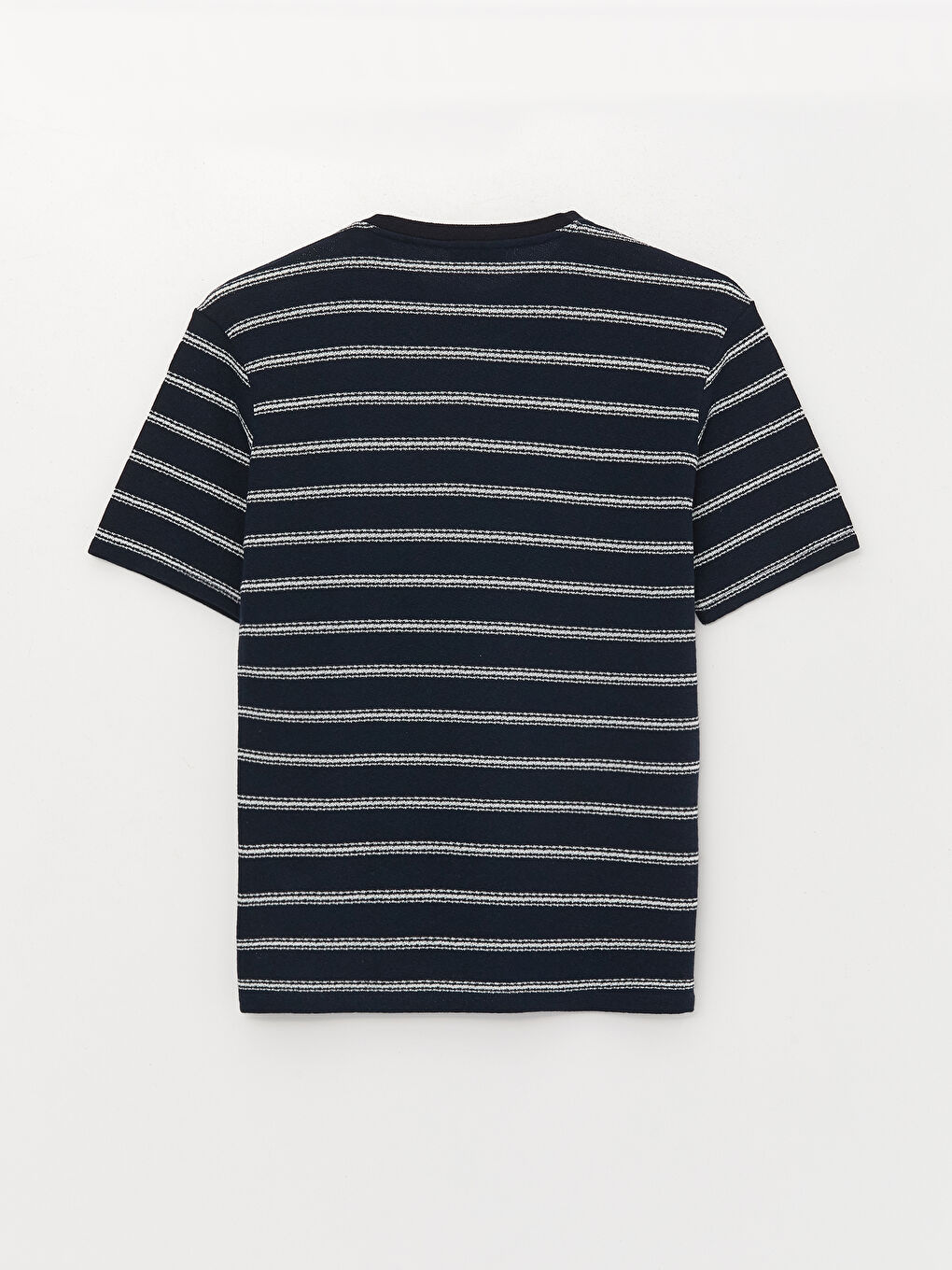 Lacivert Bisiklet Yaka Kısa Kollu Çizgili Keten Karışımlı Erkek Tişört-7