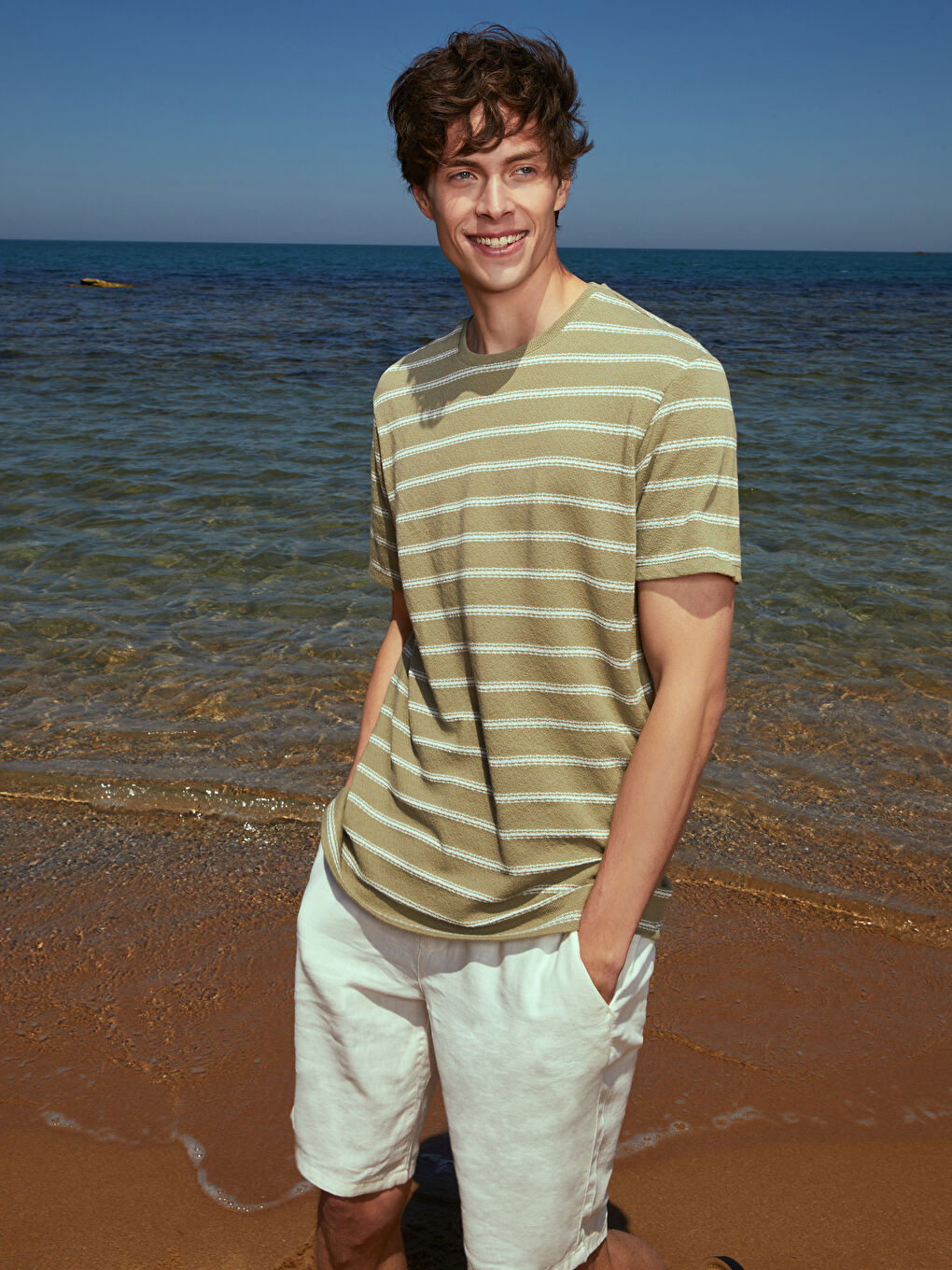 LCW Vision Crew Neck Short Sleeve Striped Linen Blended Men's T-Shirt -S39898Z8-SXQ