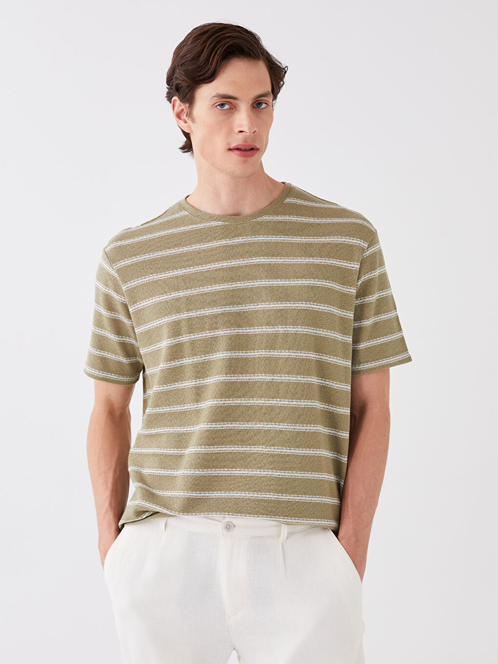 LCW Vision Crew Neck Short Sleeve Striped Linen Blended Men's T-Shirt -S39898Z8-SXQ