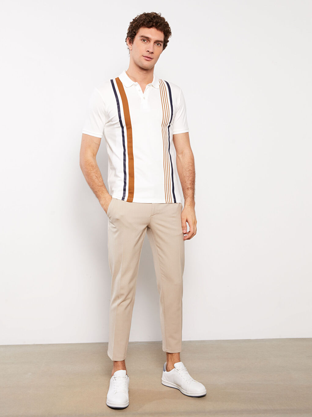 Ekru Polo Yaka Kısa Kollu Çizgili Pike Erkek Tişört-1