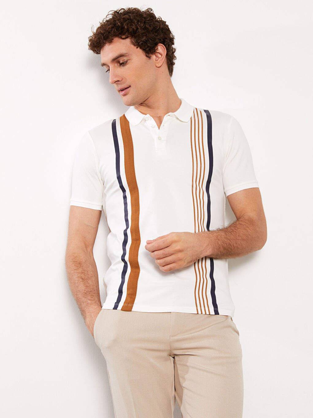 Ekru Polo Yaka Kısa Kollu Çizgili Pike Erkek Tişört-2