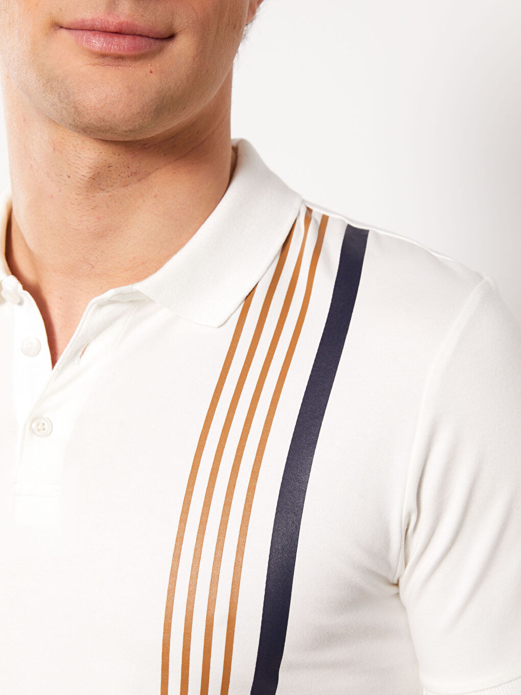 Ekru Polo Yaka Kısa Kollu Çizgili Pike Erkek Tişört-3