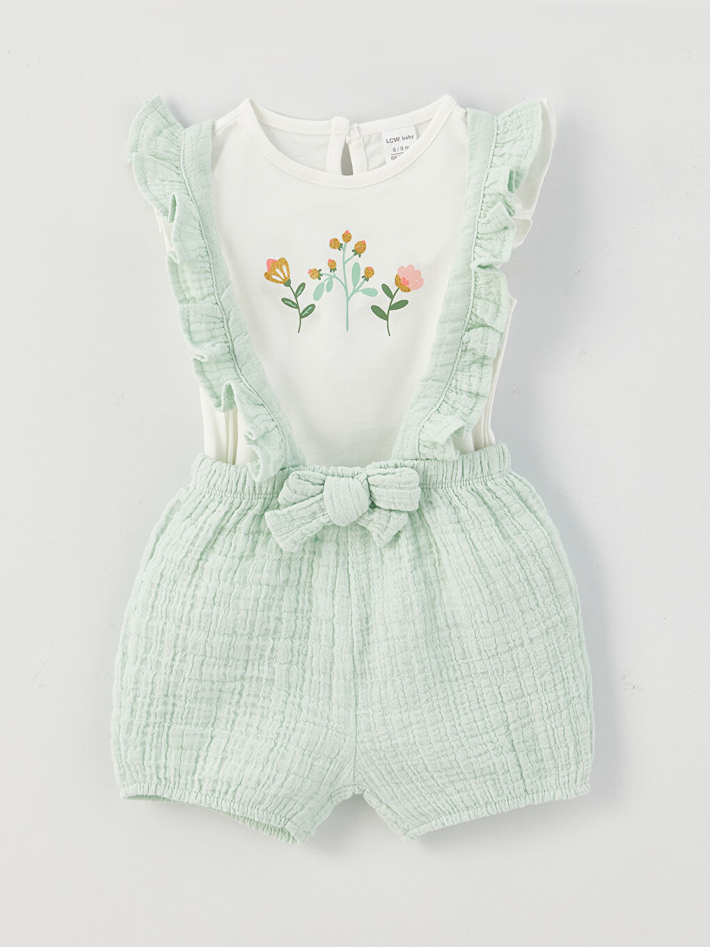 Yeşil Bisiklet Yaka Kısa Kollu Baskılı Kız Bebek Tişört ve Şort 2'li Takım