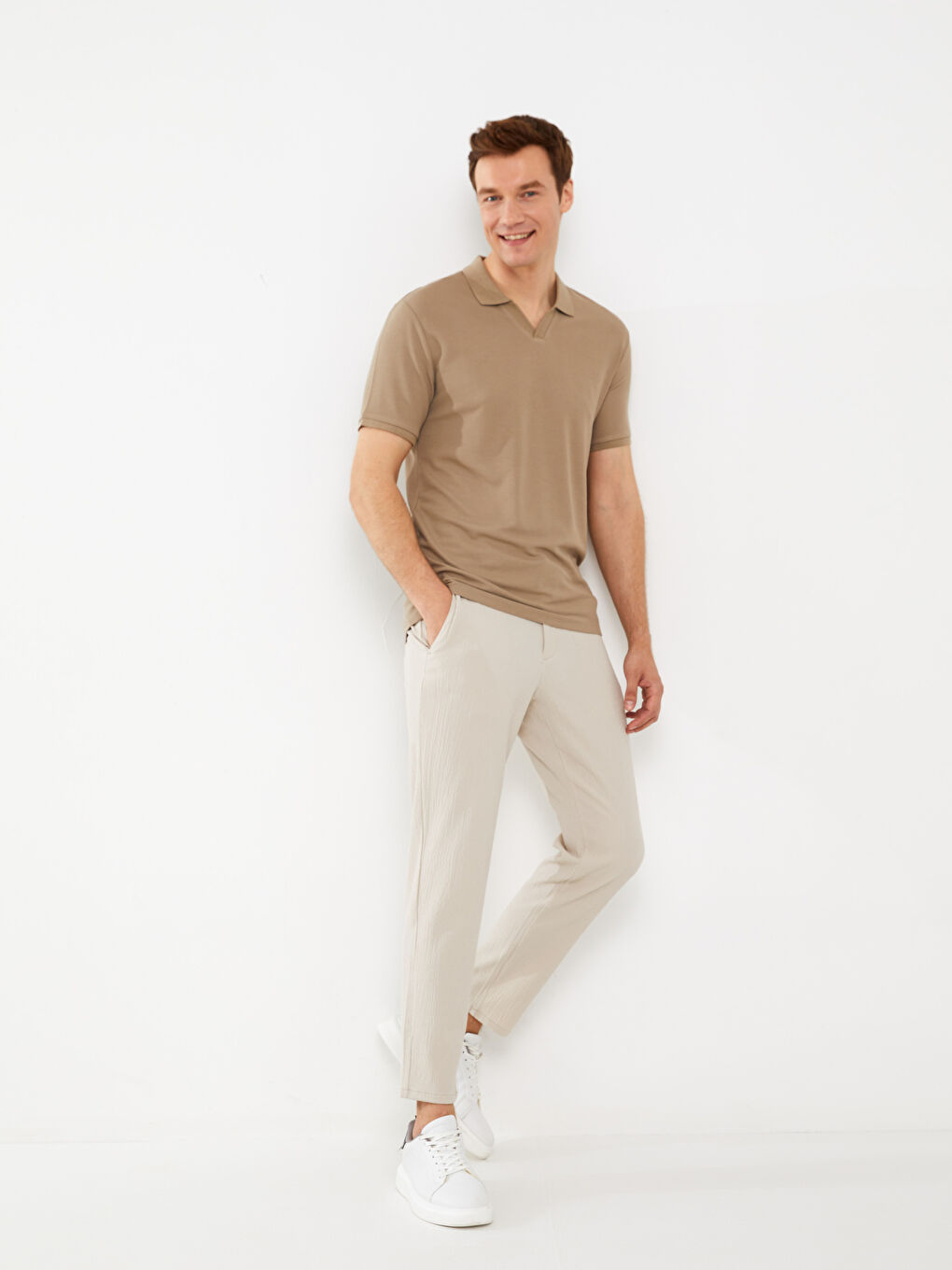 Bej Slim Fit Beli Bağlama Detaylı Erkek Pantolon